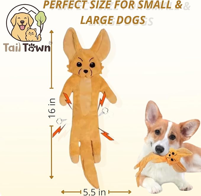 Fennec Fox Dog Toy – Squeaky & Crinkle Plush – Durable No Stuffing Chew Toy for Small Medium Large Dogs Puppies & Seniors – Interactive Safe Soft Toy for Tug Fetch Play – Tail Town