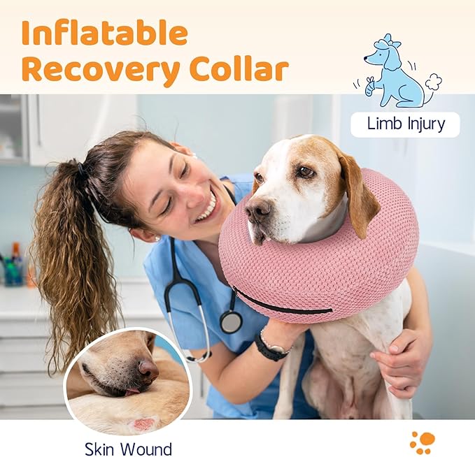Supet Inflatable Dog Cone Collar for Dogs to Stop Licking, Dog Donut Collar After Surgery, Soft Pet Cone for Small Medium Large Dogs Pink 02 S