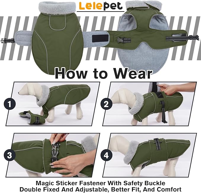 Lelepet Warm Dog Coat Reflective Fleece Vest Waterproof Dog Jacket with Adjustable Buckle Hook & Loop Windproof Cold Weather Coats for Small Medium Large Dogs, Army Green, XXXL