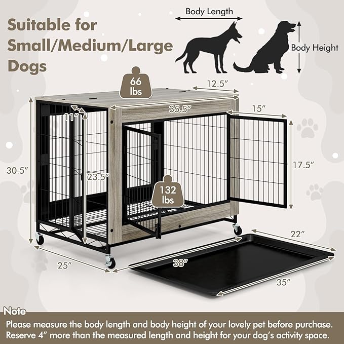 Giantex Dog Crate Furniture with Wheels, 38" Modern Dog Cage with 3 Doors, Flip Top Lid, Removable Pull-Out Tray, Decorative Dog Kennel Indoor Pet House End Table for Medium & Large Dogs (Oak Gray)