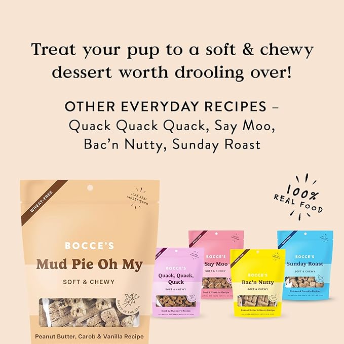 Bocce's Bakery Oven Baked Mud Pie Oh My Treats for Dogs, Wheat-Free Everyday Dog Treats, Made with Real Ingredients, Baked in The USA, All-Natural Soft & Chewy Cookies, PB, Carob & Vanilla, 6 oz