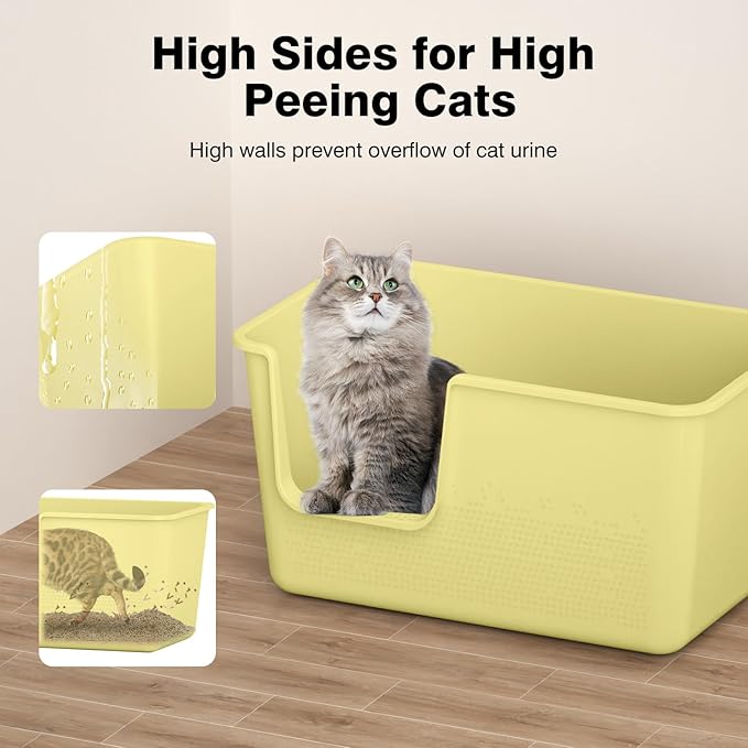 High Sided Extra Large Cat Litter Box - 24.8" L x 11.4" W x 13.0" H, XL Jumbo Kitty Litter Box for Big Cats, Tool-Free Assembly (Yellow)