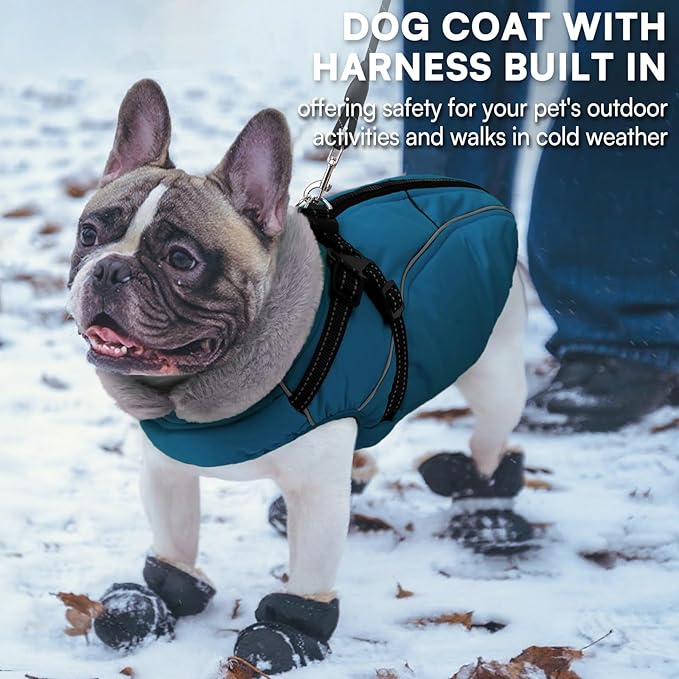 Queenmore Large Dog Coat,Dog Jacket for Extra Large Dogs with Harness Built in,Reflective Waterproof Dogs Jackets with Fleece Lining,Warm Snowsuit Pet Coats for Doberman,Labrador,Blue,XXL