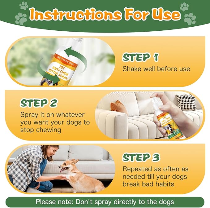 No Chewing Spray for Dogs, Anti-Chew Bitter for Dog Behavior Training Aid Spray, Natural Ingredients, Protect Furniture Shoes Belongings, Stop Chewing, Licking, Biting for Dog Deterrent Spray