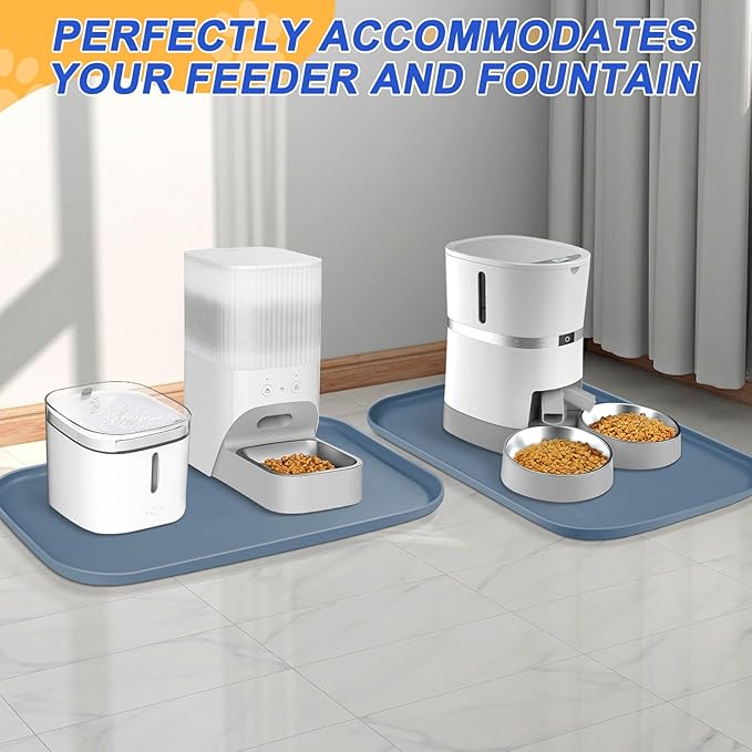 Silicone Pet Feeding Mat with Raised Edge for Food and Water, Dog Bowl Mats, Cat Bowls Placemat with High Lip for Floor Waterproof, Rubber Tray for Cats and Dogs 19 x 12 x0.7 Slate Blue