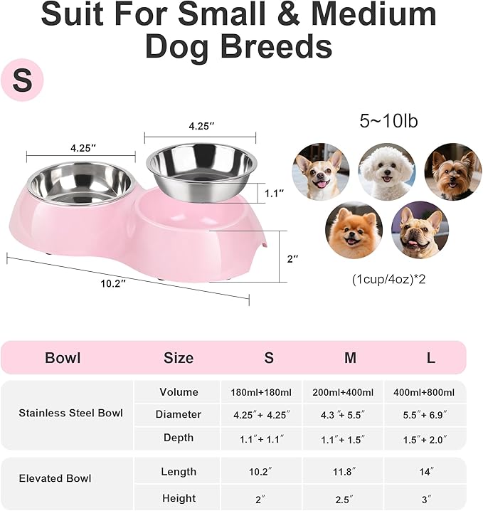 Stainless Steel Dog Bowls Set – Dual Non-Slip Pet Dishes with 2 Small (4oz*2) Bowls & Durable Resin Stand,Food & Water Feeder for Kittens– Pink