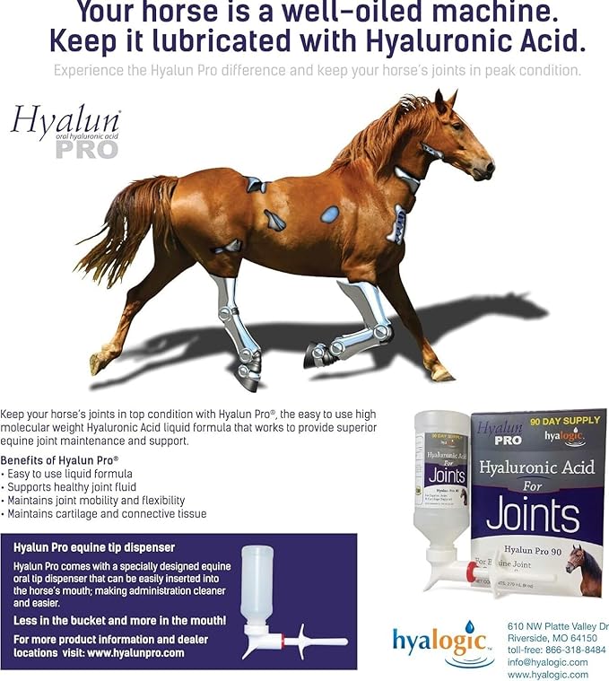 Hyalogic Hyalun Pro 30 - Hyaluronic Acid Joint Support Supplement for Horses – Horse Care Solution with Easy-to-Use Oral Dispenser – Supports Healthy Joints & Cartilage - 30-Day Supply (3oz / 90ml)