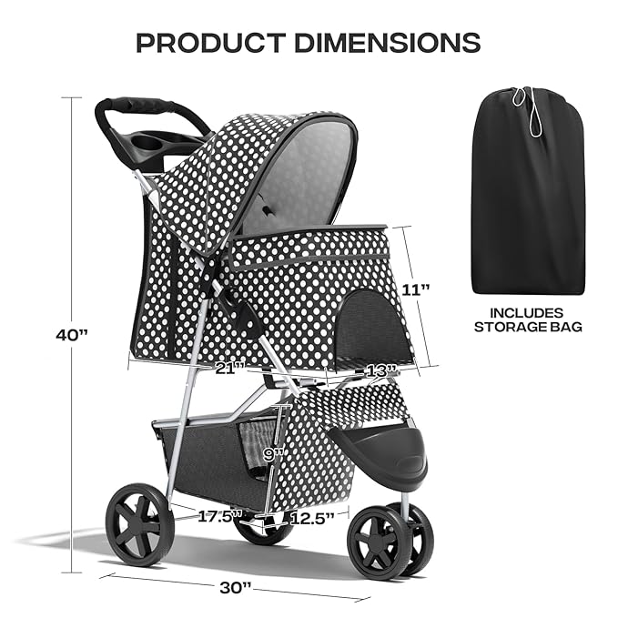 Cat Dog Stroller,3-Wheels Pet Stroller for Medium/Puppy Dogs 30 Lbs, Cat Strollers for 1 Cats, Foldable Dog Stroller with Storage Basket and Cup Holder, Breathable Mesh Black Polka Dots