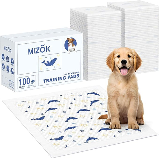MIZOK Puppy Pads 100 Count, 22"x22" Dolphin Print Dog Pee Pads with Adhesive Tabs, 6-Layer Leak-Proof Super Absorbent, Quick-Dry Disposable
