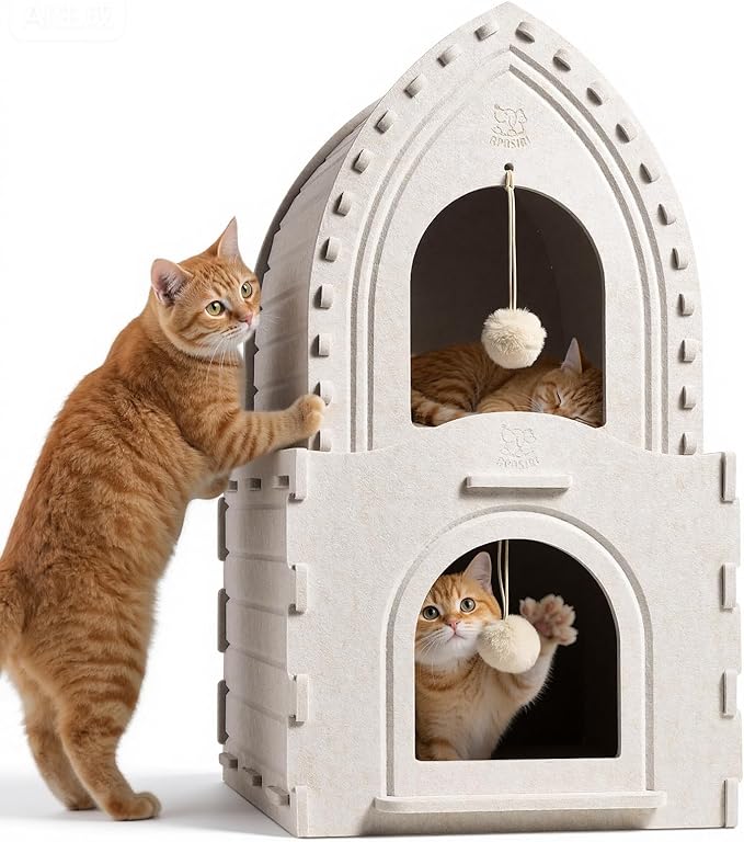 Apasiri Double-Deck Cat House: 2-in-1 Innovative Polyester Fiber Double-Deck Cat House, Sturdy and Scratch-Resistant, Original Castle Design, A Perfect Cat Bed Cave for Multiple Small Pets and Kittens