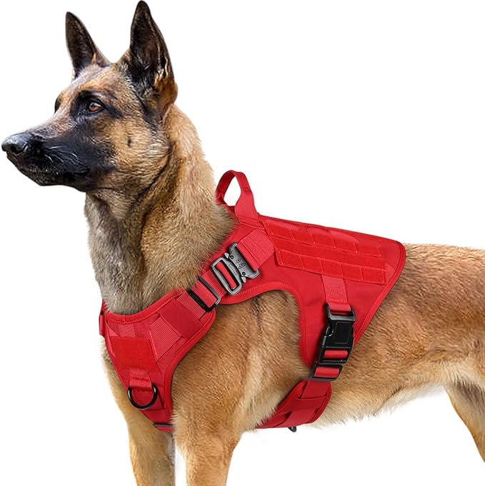 rabbitgoo Tactical Dog Harness for Large, Heavy Duty Pet Harness with Handle, No-Pull Service Vest Large Breed, Adjustable Military Dog Vest for Training Hunting Walking, Red, L