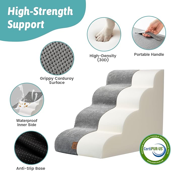 Dog Stairs for Small Dog 19.7" H, Pet Step for Puppy, Older Cat, Curved Ramp for High Bed or Car, Stairs with High Density Foam, Lightweight, Durable, 4 Step, 17.7x28x19.7 inch, Grey