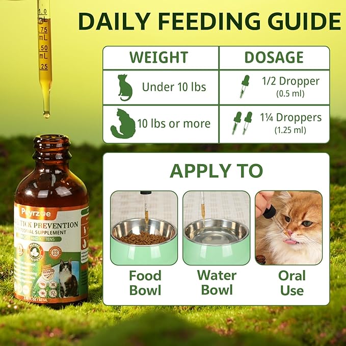 Natural Flea and Tick Prevention for Cats, 60 ML Herbal Formula with Multivitamins, Pumpkin Seed, Flea Treatment for Cats Kittens Supplement Drops - Immune, Skin & Coat Support