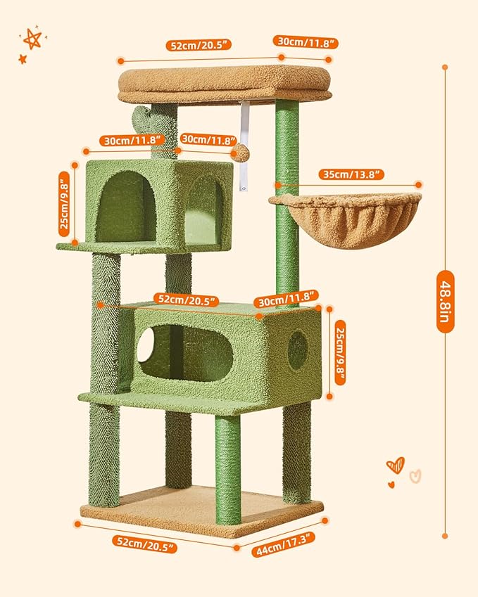 Taoqimiao Cat Tree,49-Inch Cat Tower for Indoor Cats,2 Luxurious cat condo with Adjustable Large Hanging Baskets and Large Luxurious Perch Smoky Gray MS029LT Cactus