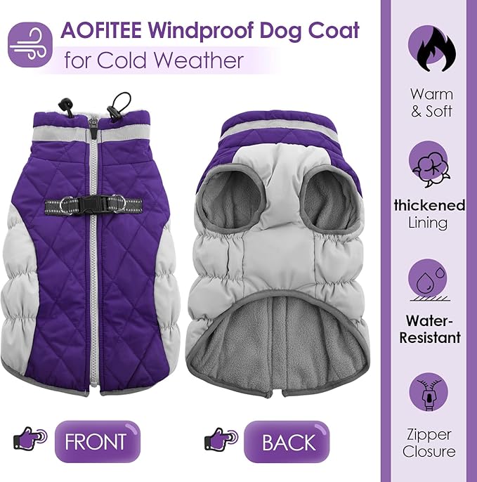 AOFITEE Dog Coat, Warm Dog Winter Coat for Large Dogs, Reflective Turtleneck Dogs Jacket with Harness Built in, Waterproof Windproof Pet Puffer Jacket Fleece Vest for Cold Weather, Purple XXXL