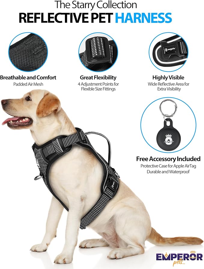 Emperor Pets Reflective Dog Harness Medium Sized Dog - No Pull Dog Harness with 2 Leash Clips, Premium Oxford Soft Padded Puppy Harness, No Choke Design Dog Vest for Large Dogs (M, Black)
