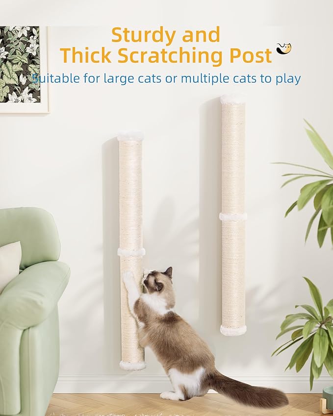 2-Pack 34-Inch Cat Wall Scratcher, Sturdy Sisal Wall Mounted Cat Scratching Posts for Indoor Large Adult Cats Climb Stretch Play