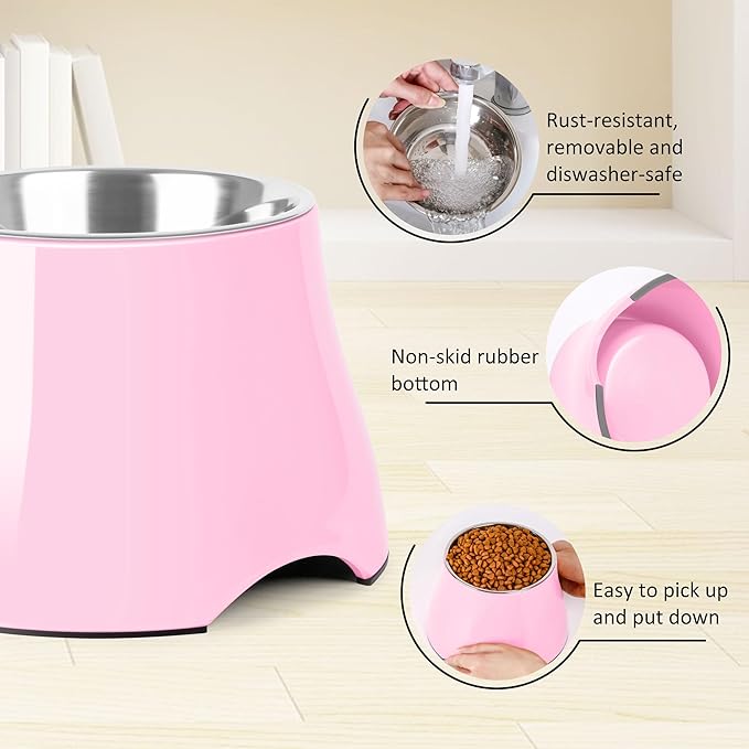 Dog Bowls,Cone Friendly Non Slip Single Dog Bowl with Stainless Steel Inner, Raised Bowls for Small and Medium Dogs Spaniel Dogs Long Ear, High Capacity, L/3 Cups Pink