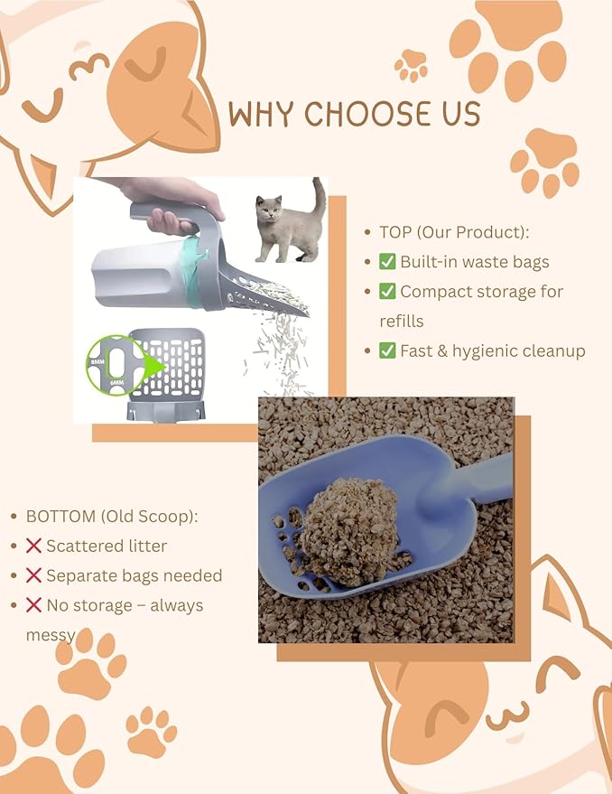 Cat Litter Shovel Scoop with Bag Leakproof Detachable Holder & 90 Odor-Sealing Refill Bags for Efficient Waste Management
