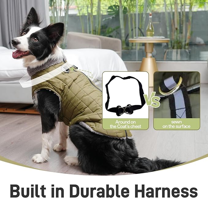 Warm Fleece Dog Coats with Durable Harness Buitl in D-Ring,Waterproof Doggie Jacket for Medium Dogs,Dog Vest for Cold Winter,Green XL