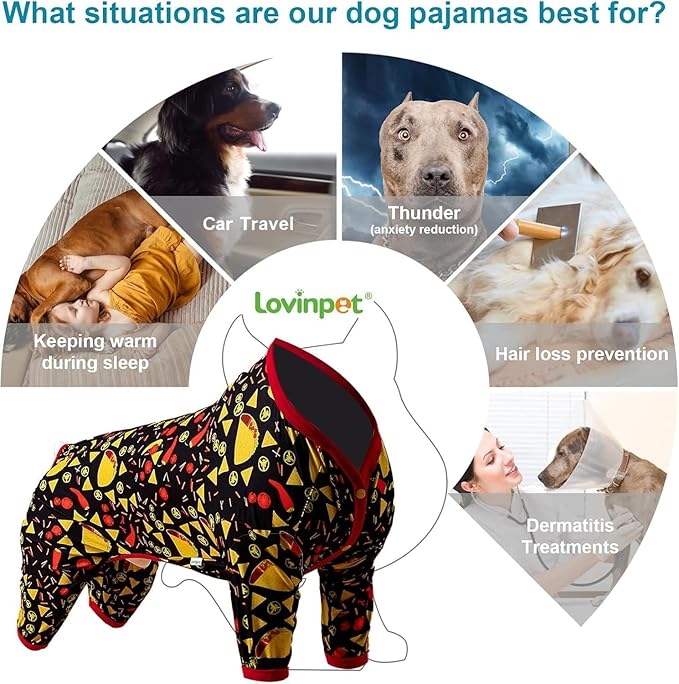 LovinPet Giant Dogs Pajamas Onesies, Big Dog Onesie Post Surgery Wear, PJS for Pitbulls, Lightweight Pitbull Dog Pullover Pajamas, Full Coverage Dog Pjs, Black Taco Print, Pitbull Clothes, 3XL
