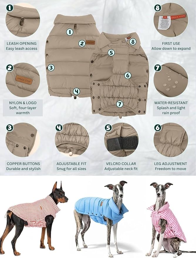 SPACE LION Puffer Jacket, Down Winter Coat, Durable Outdoor Coat for Cold and Windy Conditions, Waterproof, Windproof, Lightweight Jacket, Adjustable Fit for Large Dogs(Khaki,2XL)