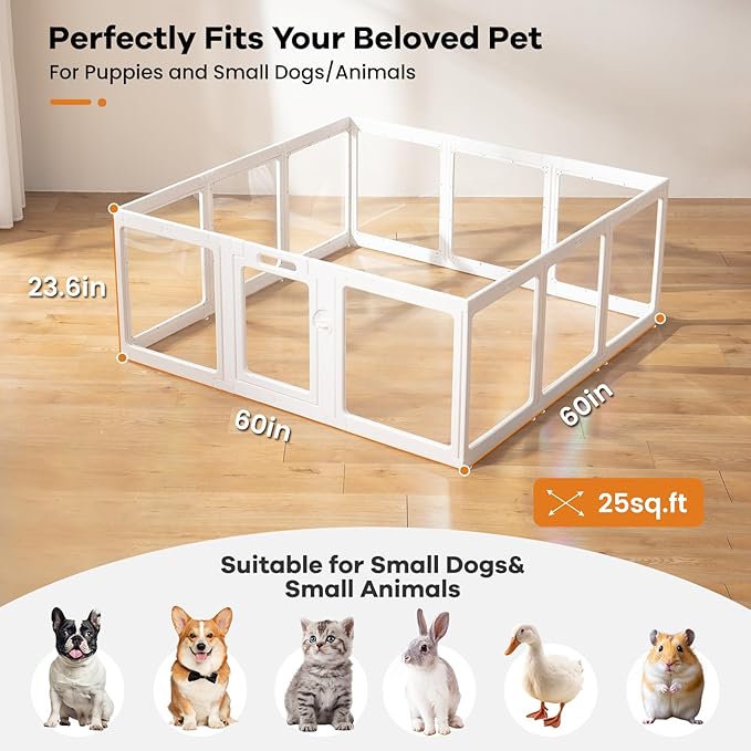 Clear Acrylic Dog Playpen Indoor, Puppy Cat Small Pet Play Pen, Pet Cat Foldable Playpen for Rabbits, Dog Fence Crate Kennel Whelping Cage (White, 12 Panel)