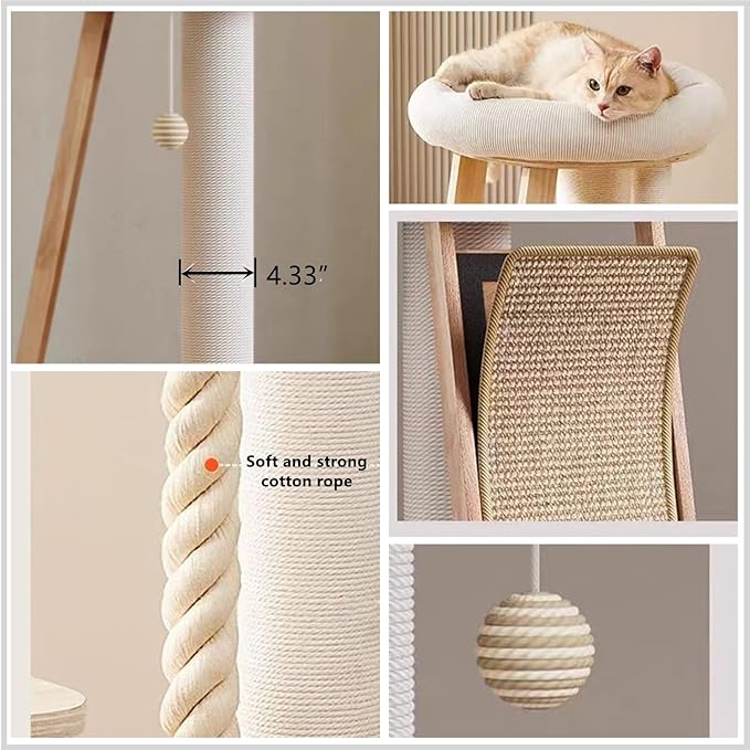 SHENGOCASE Modern Natural Wood Cute Multifunctional Cat Tree Tower Small, Large Top Perch Bed, Sisal Scratching Post, Tilted Angled Ramp Scratcher, Climbing Rope Toy