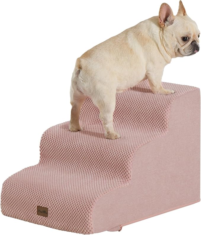 Made4Pets Dog Stairs Ramp for Small Dogs, 3-Step Dog Steps for Bed Couch Sofa and Chair, 35D Foam Pet Steps for Small Dogs and Cats, Non-Slip Bottom Pet Stairs, Pink