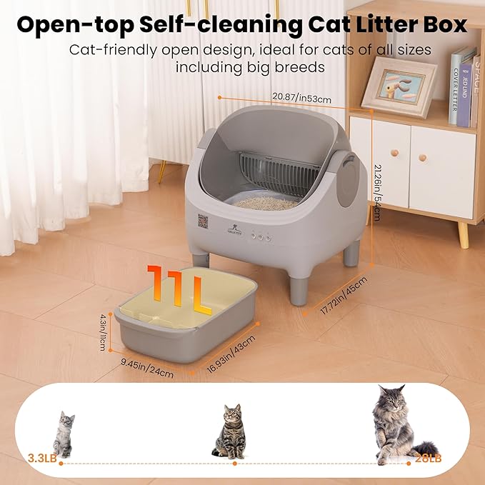 Upgraded Automatic Litter Box Self Cleaning, with Raised Step, Open Top Large Capacity for Multiple Cats, Odor Control & Safety Protection & Smart App Control Health Monitoring & Quiet Operation