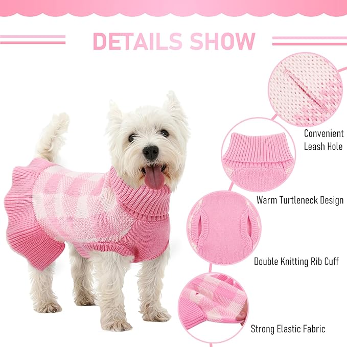 Dog Sweater Dress Plaid Knitwear for Small Medium Dogs Warm Puppy Pet Turtleneck Stretch Pullover Cute Fall Winter Vest Clothes with Leash Hole for Christmas (Pink, XL)