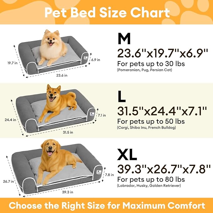 FUNNY FUZZY Orthopedic Dog Bed – Washable Dog Bed with Double Layer Plush Cushion Sofa Style Design with Bolstered Sides for Small Medium & Large Dogs Removable Cover M Size (23.6"x19.7"x6.9") Grey