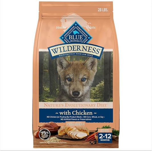 Blue Buffalo Wilderness Natural High-Protein Dry Food for Large Breed Puppies, WITH WHOLESOME GRAINS, Chicken, 28-lb Bag.