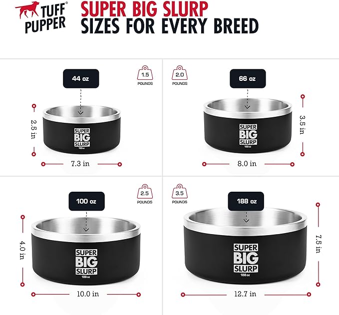 Tuff Pupper 100 oz Heavy Duty Insulated Stainless Steel Dog Bowl for Large Dogs, Non-Slip Base, Dishwasher Safe