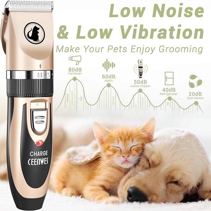 Ceenwes Dog Clippers Low Noise Pet Clippers Rechargeable Trimmer Cordless Grooming Tool Professional Dog Hair Trimmer with Comb Guides Scissors for Dogs Cats & Others（Gold）