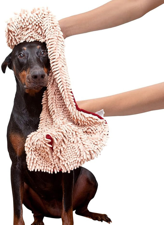 Soggy Doggy Super Shammy Dog Towel - Microfiber Chenille Towel for Drying Dogs and Cleaning Paws - Fast Drying with Hand Pockets for Ease (Beige/Red Trim, 31” x 14”)