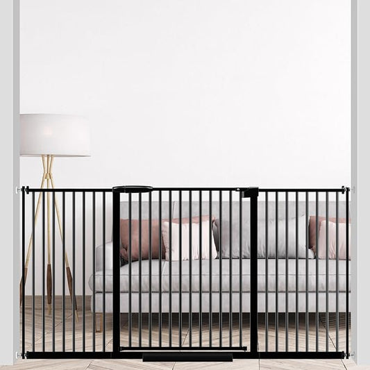 DEARBB Extra Wide Baby Gate Ultra Narrow Spacing 30.11-73.42" Pressure Mounted Double Lock Swing Auto Close Walk Through Metal Safety Pet Gate for Stairs and House Doorway Kitchen,Black 61.61-65.55"