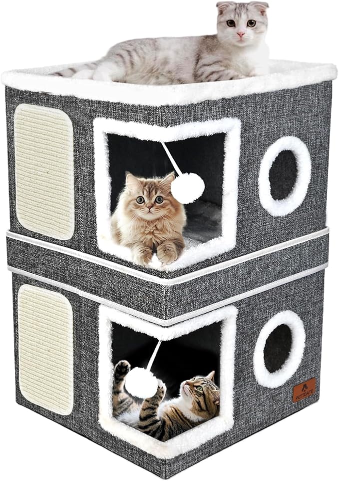 2-Story Cat House for Indoor Cats, Dual-Purpose Cave Bed with Scratch Pad and Fluffy Ball, Foldable Cat Hideaway, Cute Condo Furniture for Multi Small Pet Kitten, Grey