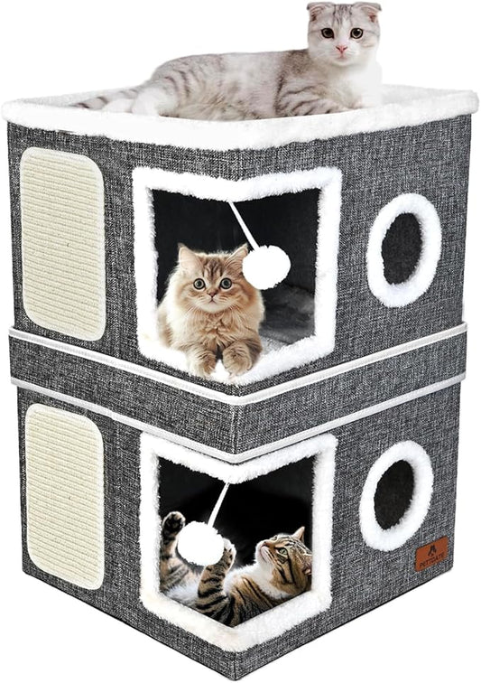 2-Story Cat House for Indoor Cats, Dual-Purpose Cave Bed with Scratch Pad and Fluffy Ball, Foldable Cat Hideaway, Cute Condo Furniture for Multi Small Pet Kitten, Grey