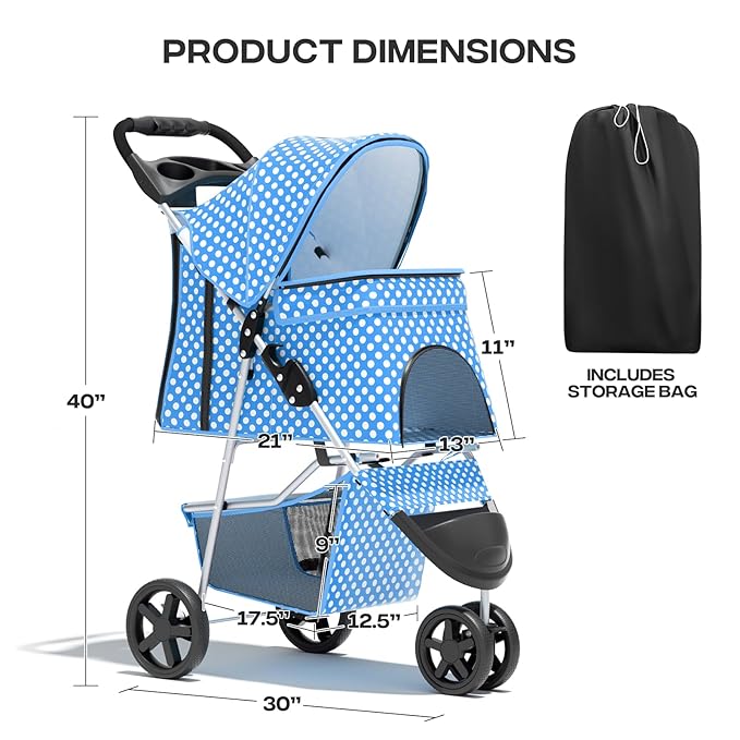 Cat Dog Stroller,3-Wheels Pet Stroller for Medium/Puppy Dogs 30 Lbs, Cat Strollers for 1 Cats, Foldable Dog Stroller with Storage Basket and Cup Holder, Breathable Mesh Blue Polka Dots