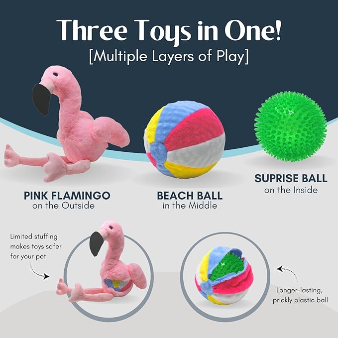 Flourish Pets 3 in 1 Multi-Layer Chew Toy for Active Dogs | Non-Toxic BPA Free Double Stitched Soft Fabric Exterior Dog Toys | Long-Lasting Dog Plush Toys – Large Flamingo 17.5"