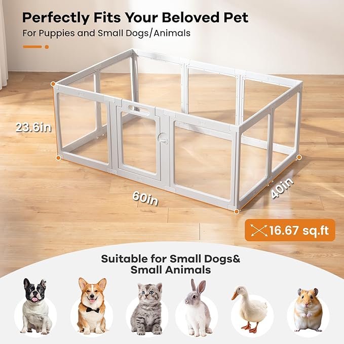 Clear Acrylic Dog Playpen Indoor, Puppy Cat Small Pet Play Pen, Pet Cat Foldable Playpen for Rabbits, Dog Fence Crate Kennel Whelping Cage (Grey, 10 Panel)