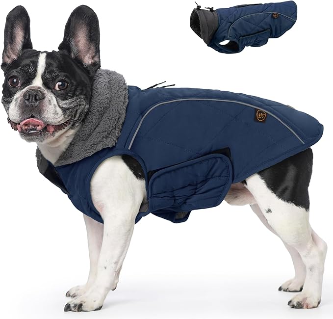 EMUST Dog Coats Winter, Thick Clothes for Medium Dogs Boy with Harness Hole, for Cold Weather, Dark Blue, M