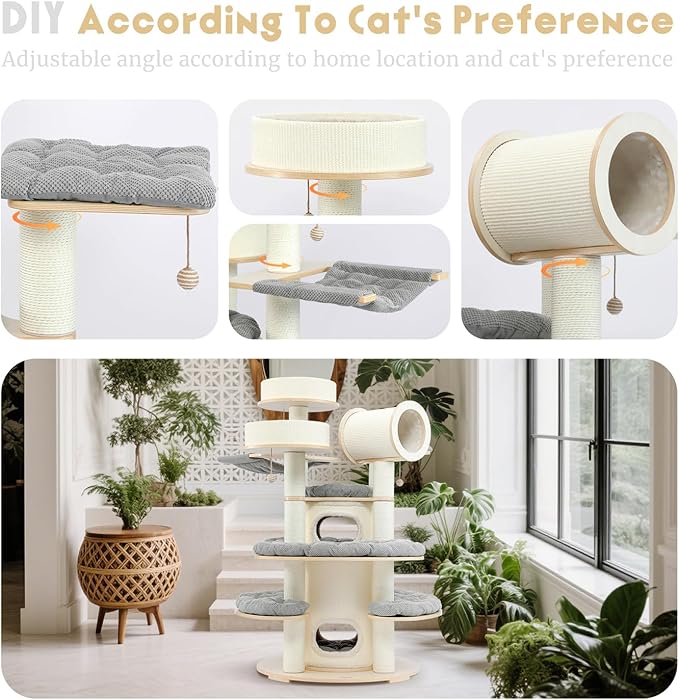 67'' Large Cat Tree,Castle Theme Multi-Levels Wood Cat Tower with Sisal Bed,Big Perchs with Removable Mats,Heavy Duty Modern Cat Condo for Indoor Cats Large Adult