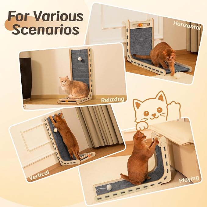 L Shaped Cat Scratcher with Ball Toy Felt Standing Cat Scratching Board for Indoor Cats Adults Vertical Scratch Pad Furniture Protector Kitten Toys 26.8 Inch-Grey