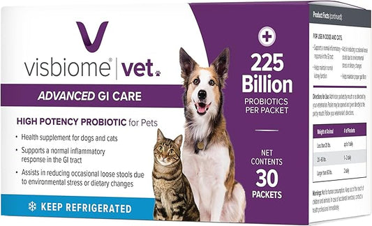 Visbiome® Vet Advanced GI Care Probiotic for Dogs & Cats – 225B CFU, 8-Strain Formula – Veterinarian Recommended, Clean Label Certified – 30 Packets
