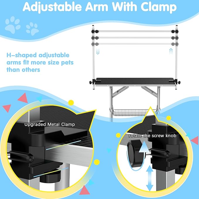42''Large Dog Grooming Table, Adjustable Cat Drying Desktop with Arms, Nooses, Mesh Tray, Foldable Pet Station at Home, Maximum Capacity Up to 330Lb, 42inch, Black