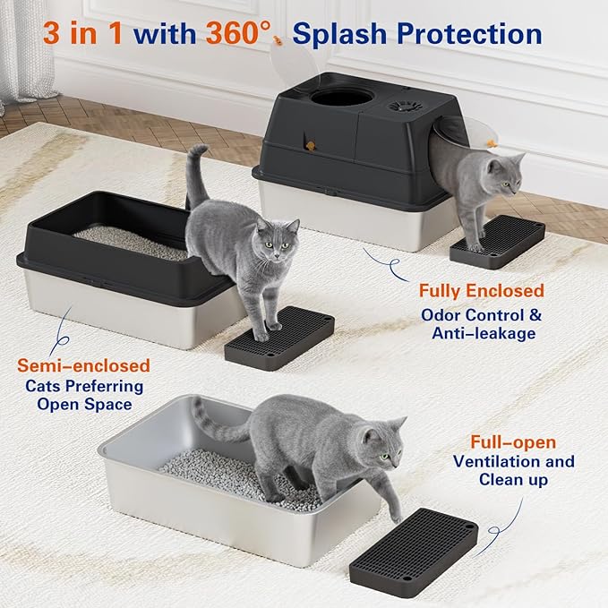 Front & Top Entry Stainless Steel Litter Box with Lid,Cat Litter Box Enclosure,Extra Large Enclosed,Non-Sticky Metal Pan,Anti-Leakage,Odor Control,Easy Clean,Covered for Indoor Cats,Includes Scoop Set