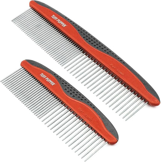 Tuff Pupper Dog Grooming Comb Set | Easily & Safely Remove Dead, Matted Knotted Hair | Ergonomic Pet Detangling Combs | No-Slip Safety Handle For Precision Control | Rounded Tips Prevent Scratching