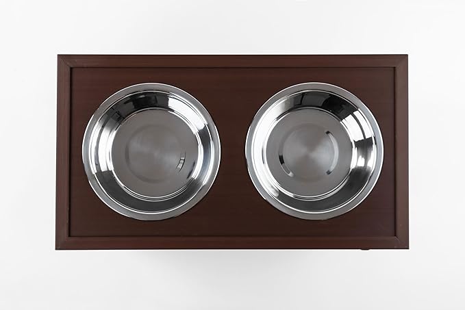 New Age Pet ECOFLEX Piedmont Elevated Dog Feeder, Sliding Lid Storage, Includes two 32oz Stainless Steel Bowls Easy Clean, 10 Year Warranty, Brown